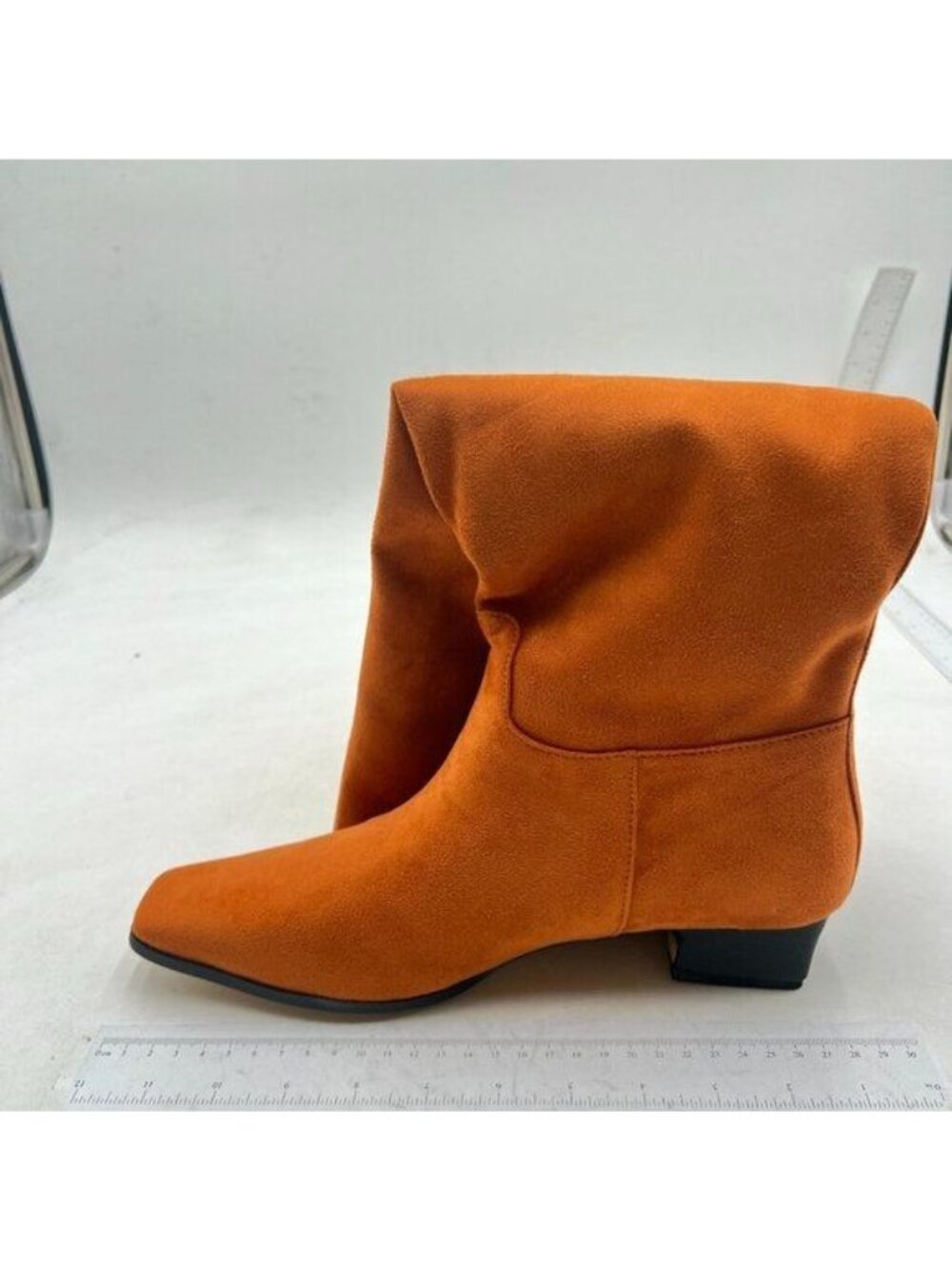 Women Closed Square Toe Knee High Boot Wide Calf Low Chunky Heels Orange Boot
